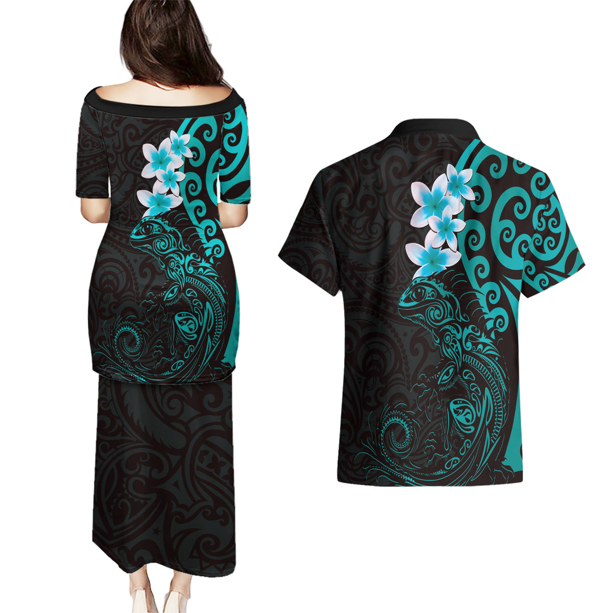 New Zealand Tuatara Plumeria Couples Matching Puletasi and Hawaiian Shirt Maori Teal Koru Tribal Tattoo