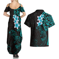New Zealand Tuatara Plumeria Couples Matching Summer Maxi Dress and Hawaiian Shirt Maori Teal Koru Tribal Tattoo