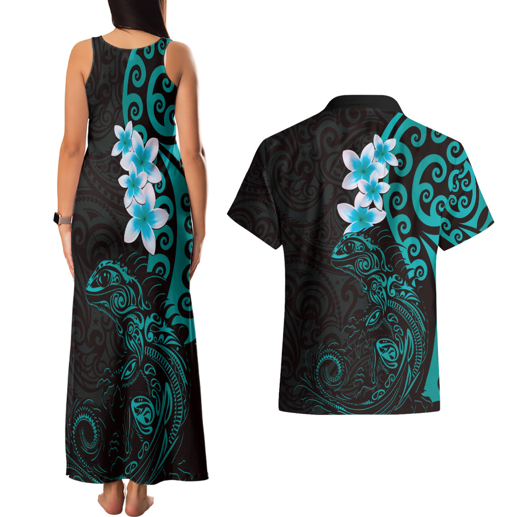 New Zealand Tuatara Plumeria Couples Matching Tank Maxi Dress and Hawaiian Shirt Maori Teal Koru Tribal Tattoo