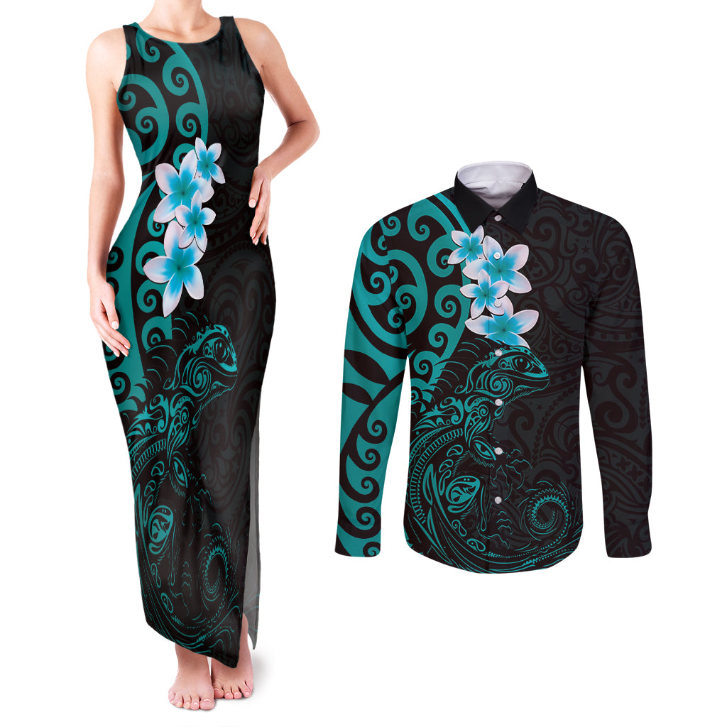 New Zealand Tuatara Plumeria Couples Matching Tank Maxi Dress and Long Sleeve Button Shirt Maori Teal Koru Tribal Tattoo