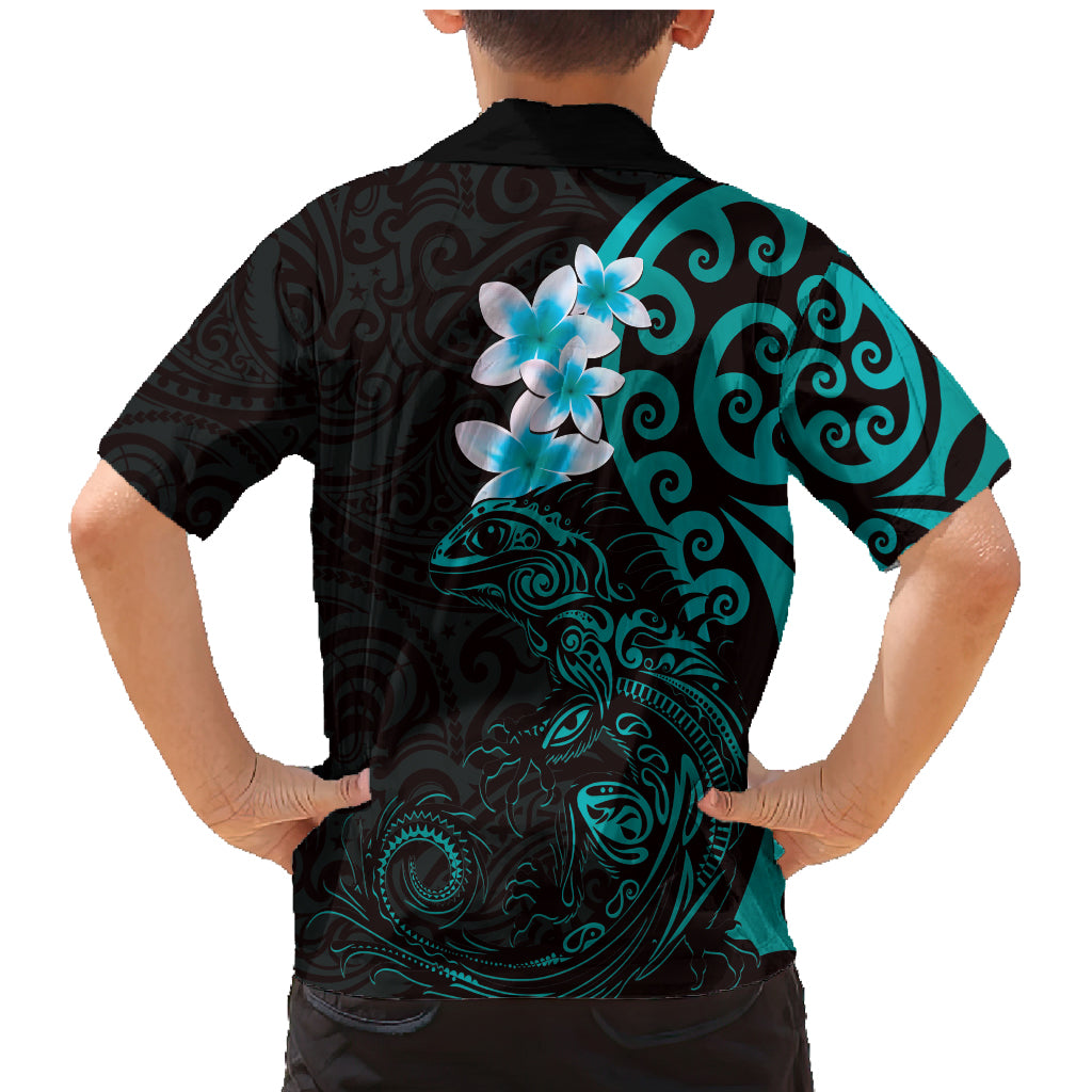 New Zealand Tuatara Plumeria Family Matching Mermaid Dress and Hawaiian Shirt Maori Teal Koru Tribal Tattoo