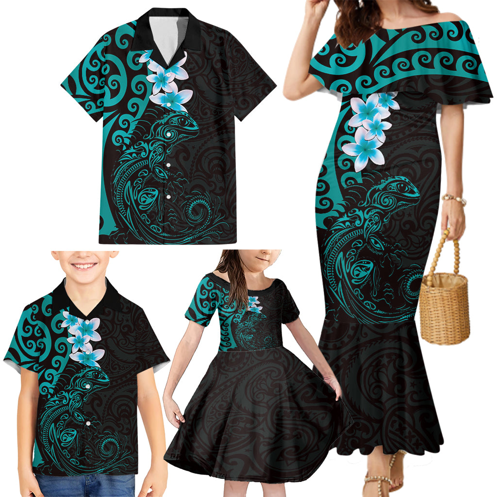 New Zealand Tuatara Plumeria Family Matching Mermaid Dress and Hawaiian Shirt Maori Teal Koru Tribal Tattoo