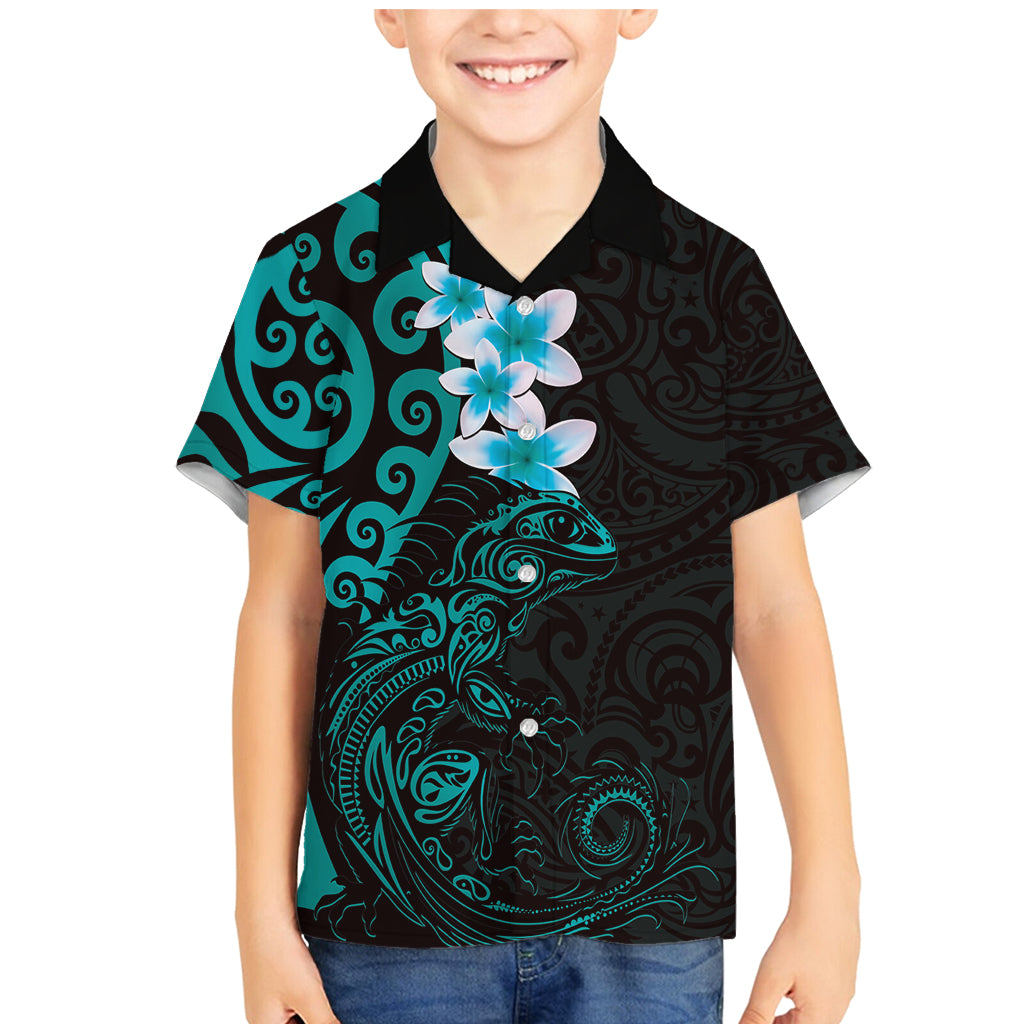 New Zealand Tuatara Plumeria Family Matching Mermaid Dress and Hawaiian Shirt Maori Teal Koru Tribal Tattoo