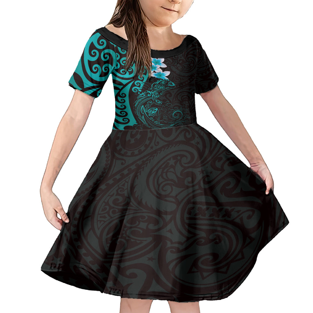New Zealand Tuatara Plumeria Family Matching Off Shoulder Short Dress and Hawaiian Shirt Maori Teal Koru Tribal Tattoo
