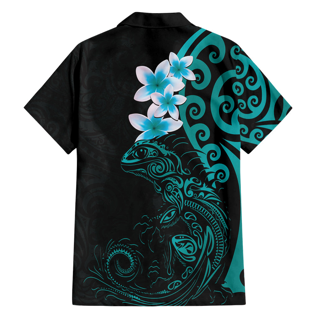 New Zealand Tuatara Plumeria Family Matching Off Shoulder Short Dress and Hawaiian Shirt Maori Teal Koru Tribal Tattoo