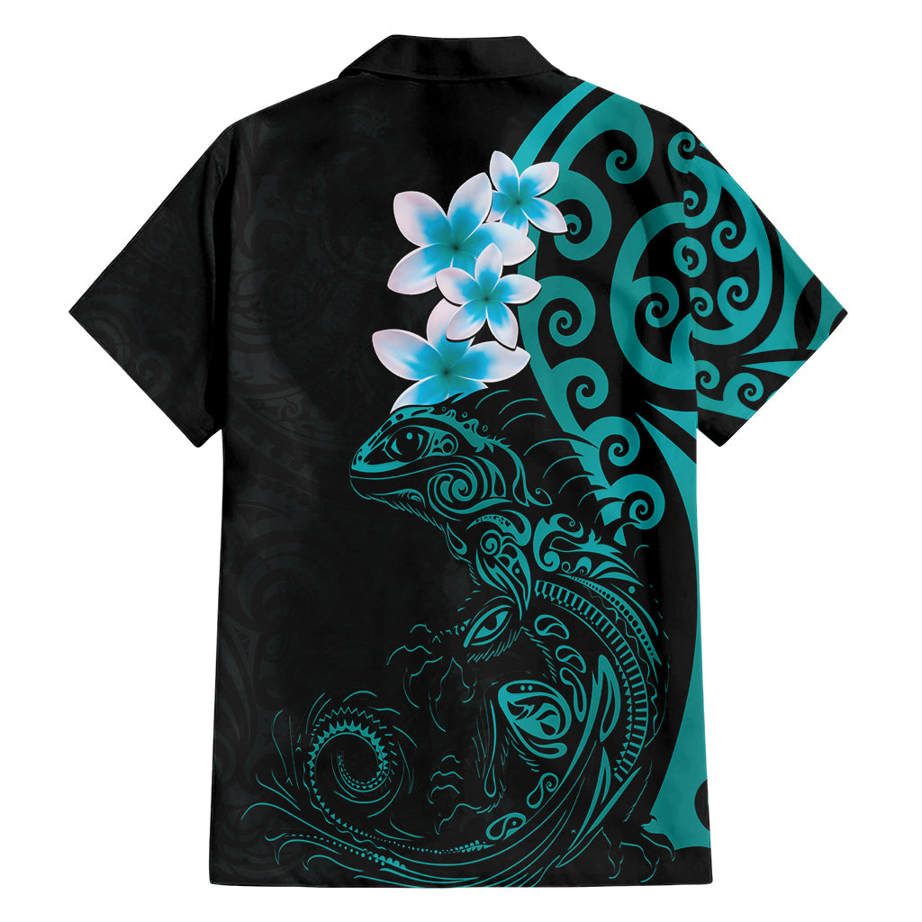 New Zealand Tuatara Plumeria Family Matching Short Sleeve Bodycon Dress and Hawaiian Shirt Maori Teal Koru Tribal Tattoo