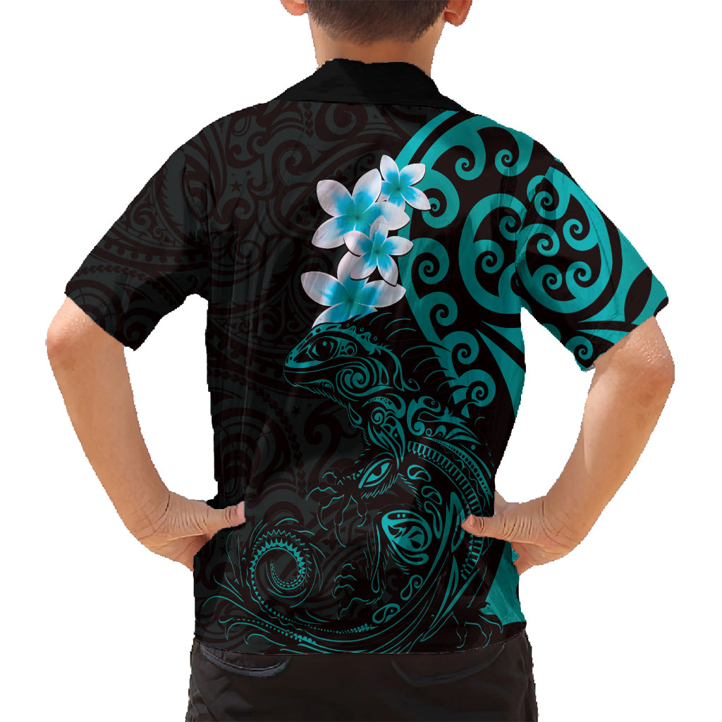 New Zealand Tuatara Plumeria Family Matching Tank Maxi Dress and Hawaiian Shirt Maori Teal Koru Tribal Tattoo