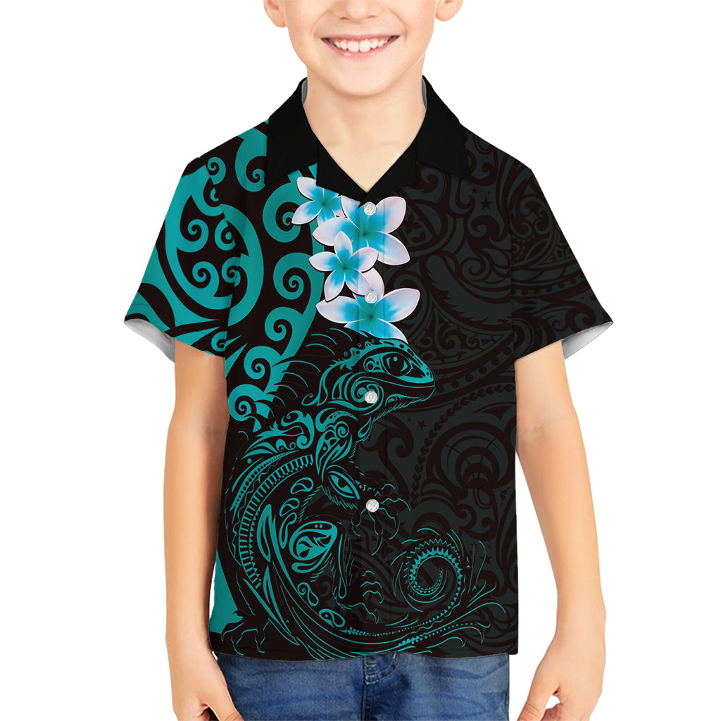 New Zealand Tuatara Plumeria Family Matching Tank Maxi Dress and Hawaiian Shirt Maori Teal Koru Tribal Tattoo
