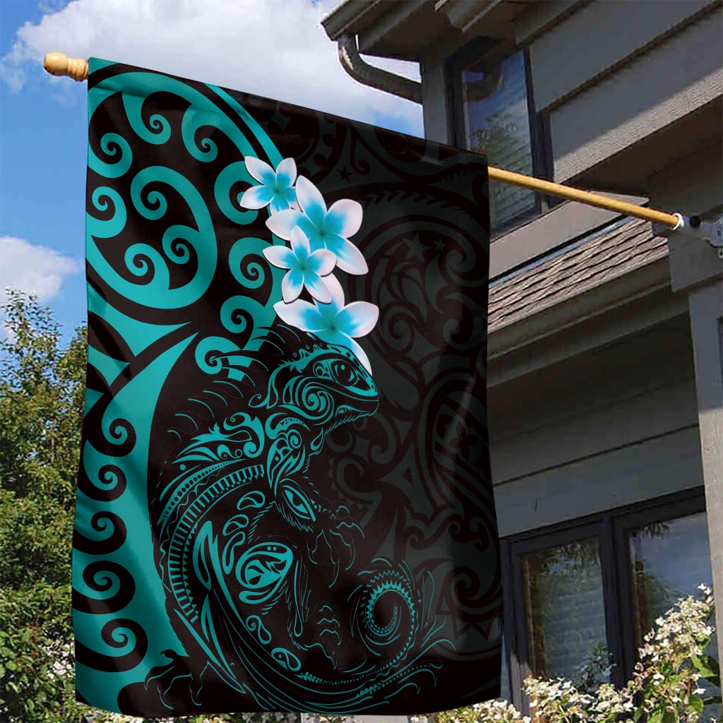 New Zealand Tuatara Plumeria Garden Flag Maori Teal Koru Tribal Tattoo LT01 - Polynesian Pride