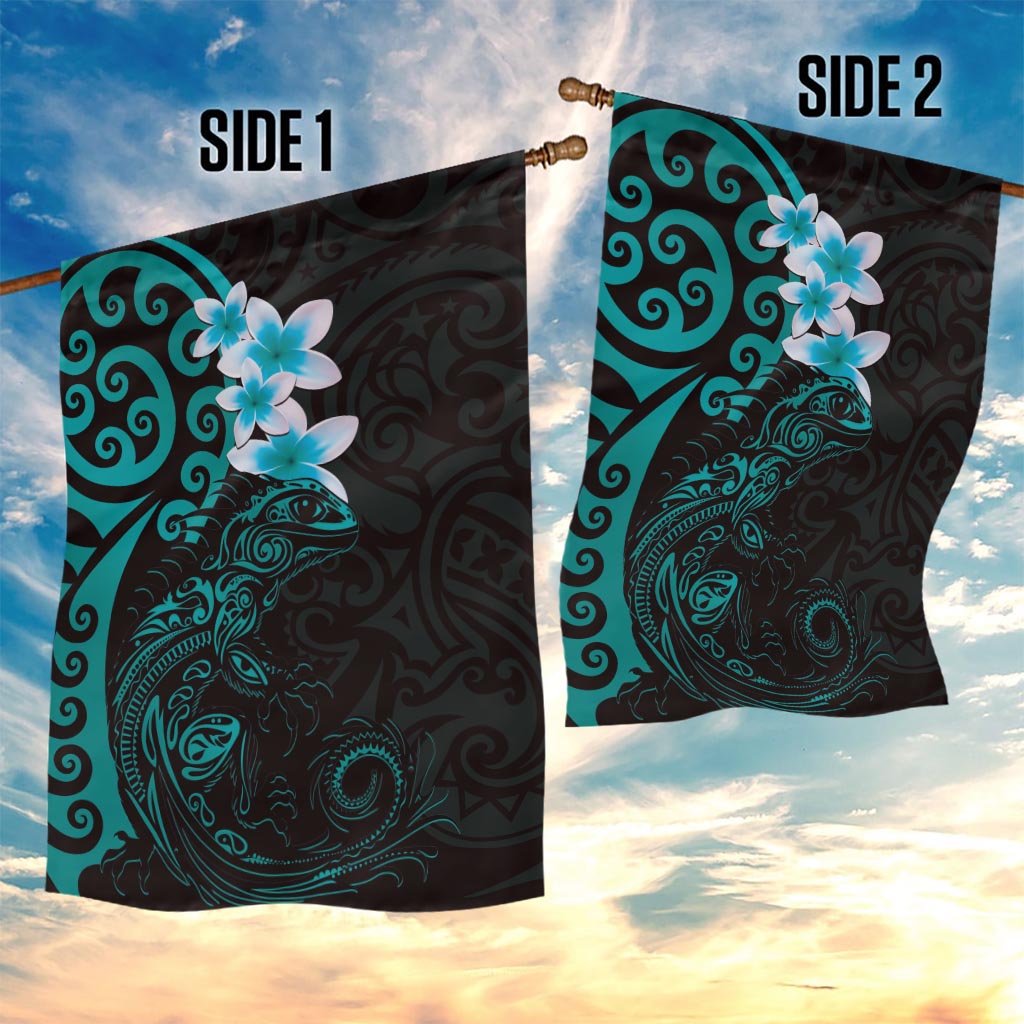 New Zealand Tuatara Plumeria Garden Flag Maori Teal Koru Tribal Tattoo LT01 - Polynesian Pride