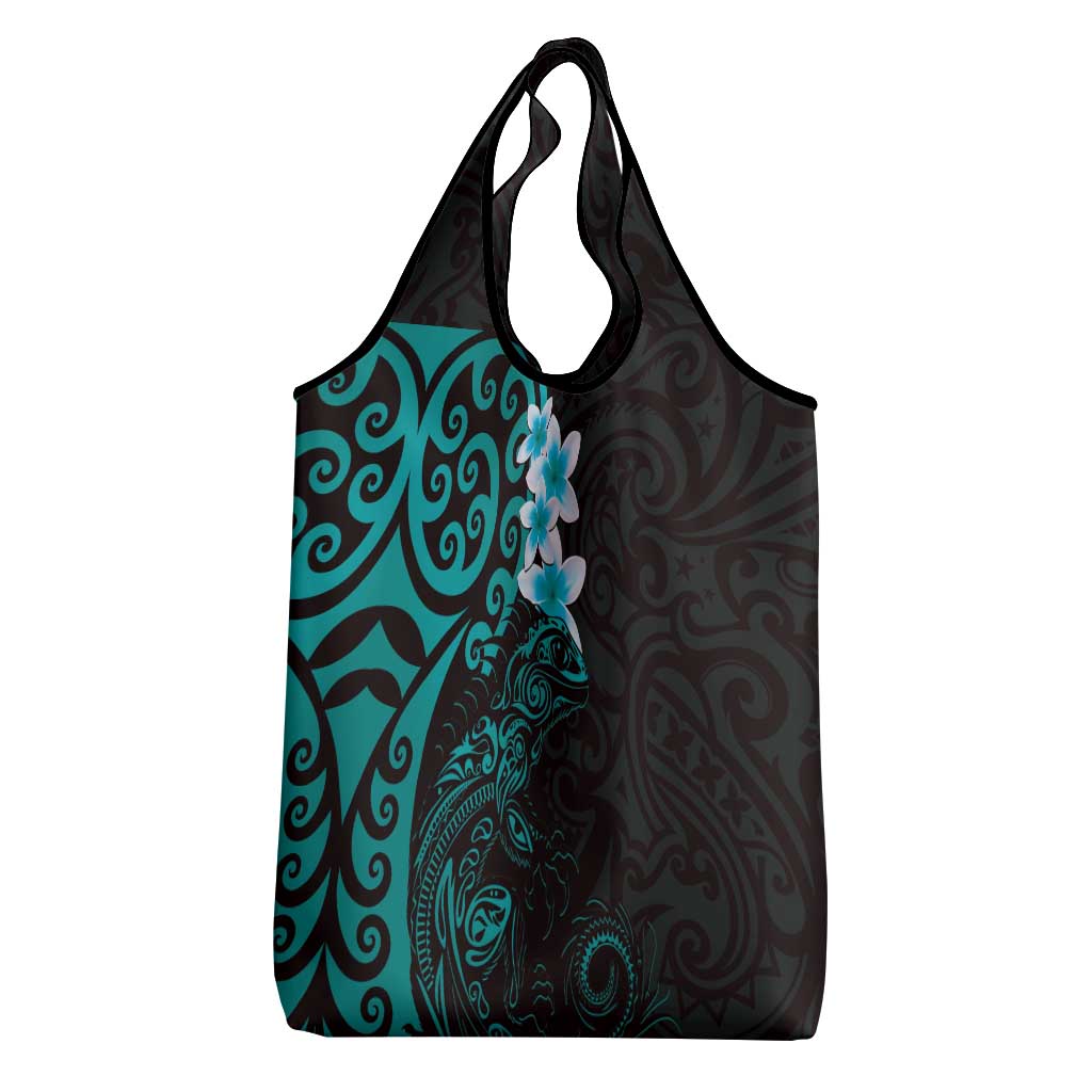 New Zealand Tuatara Plumeria Grocery Bag Maori Teal Koru Tribal Tattoo