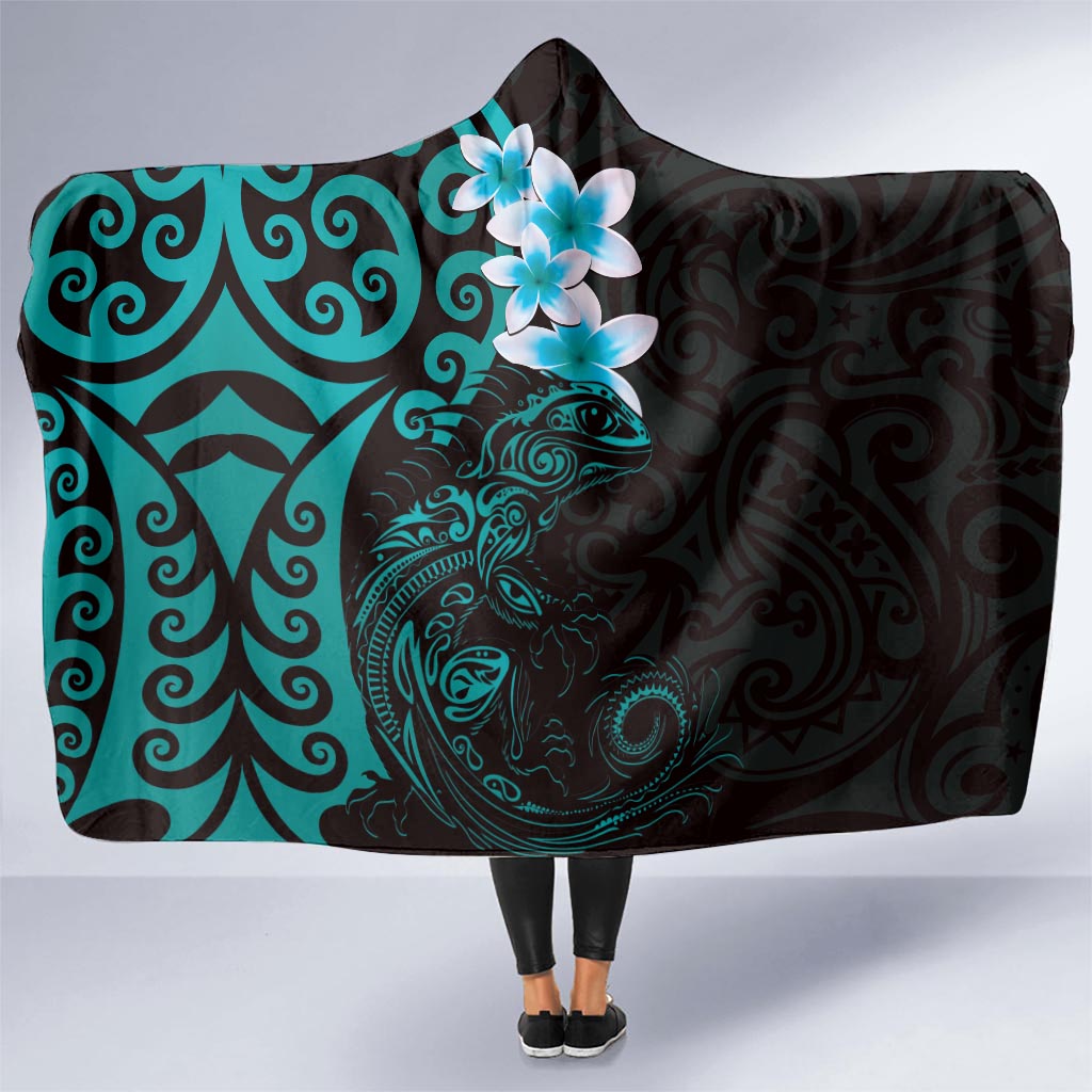 New Zealand Tuatara Plumeria Hooded Blanket Maori Teal Koru Tribal Tattoo LT01 - Polynesian Pride