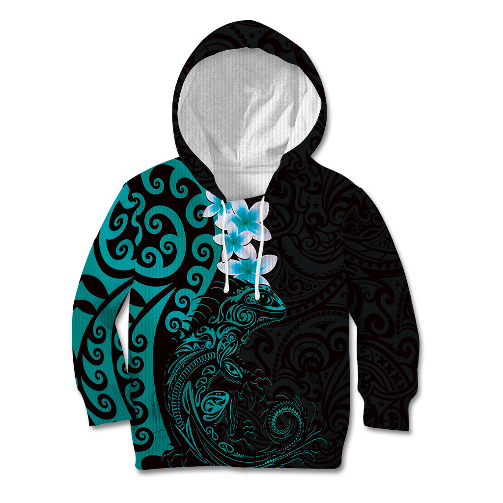 New Zealand Tuatara Plumeria Kid Hoodie Maori Teal Koru Tribal Tattoo
