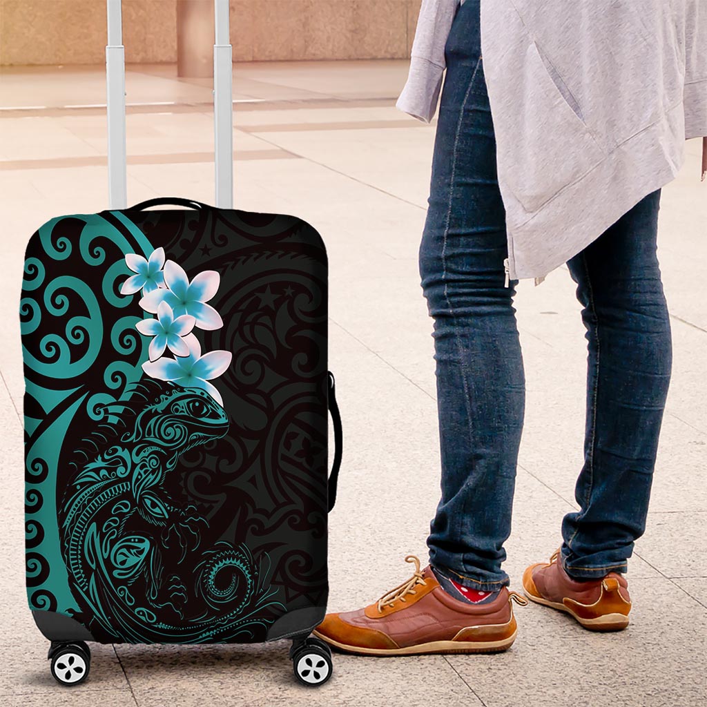 New Zealand Tuatara Plumeria Luggage Cover Maori Teal Koru Tribal Tattoo