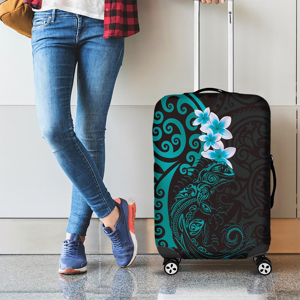 New Zealand Tuatara Plumeria Luggage Cover Maori Teal Koru Tribal Tattoo