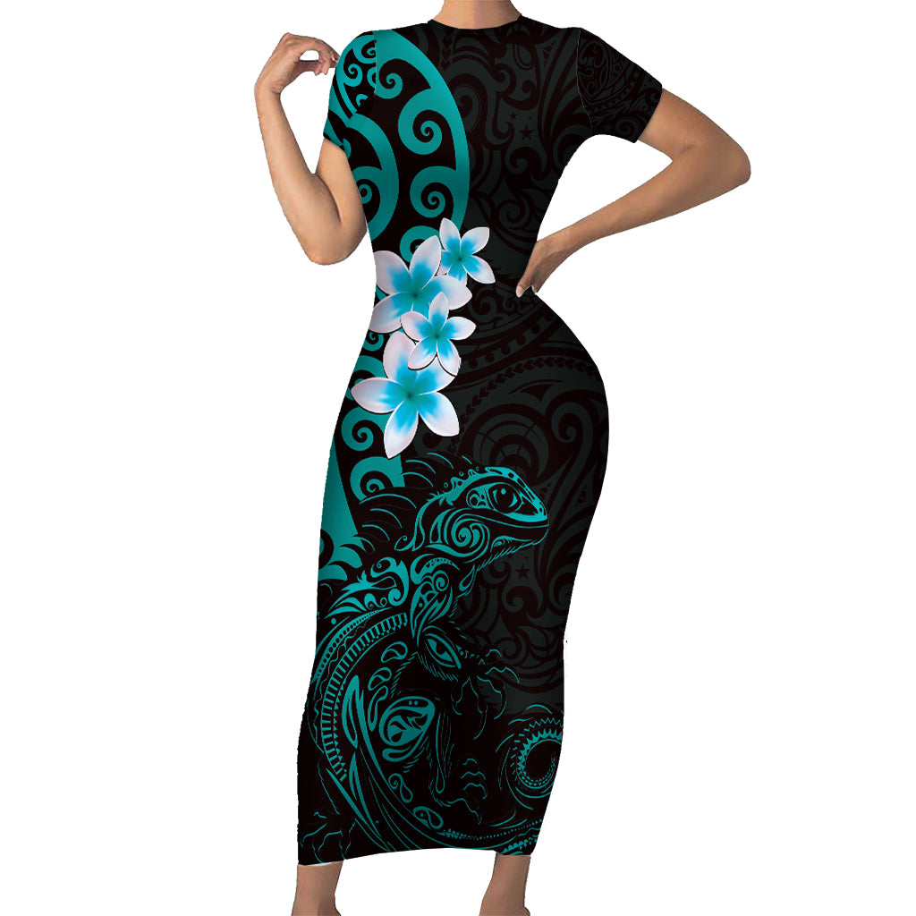 New Zealand Tuatara Plumeria Short Sleeve Bodycon Dress Maori Teal Koru Tribal Tattoo