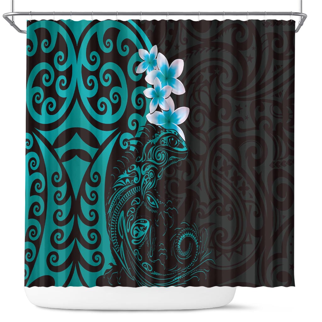 New Zealand Tuatara Plumeria Shower Curtain Maori Teal Koru Tribal Tattoo