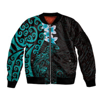 New Zealand Tuatara Plumeria Sleeve Zip Bomber Jacket Maori Teal Koru Tribal Tattoo