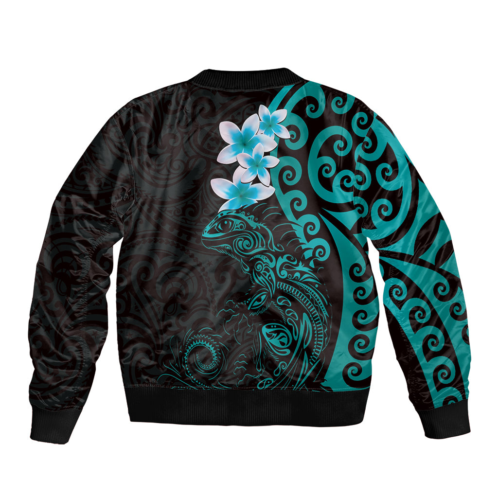New Zealand Tuatara Plumeria Sleeve Zip Bomber Jacket Maori Teal Koru Tribal Tattoo