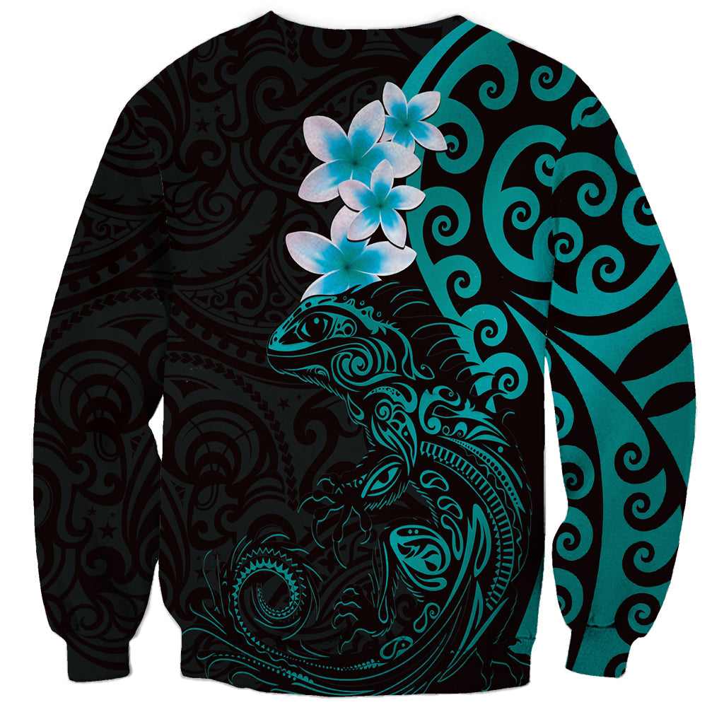 New Zealand Tuatara Plumeria Sweatshirt Maori Teal Koru Tribal Tattoo