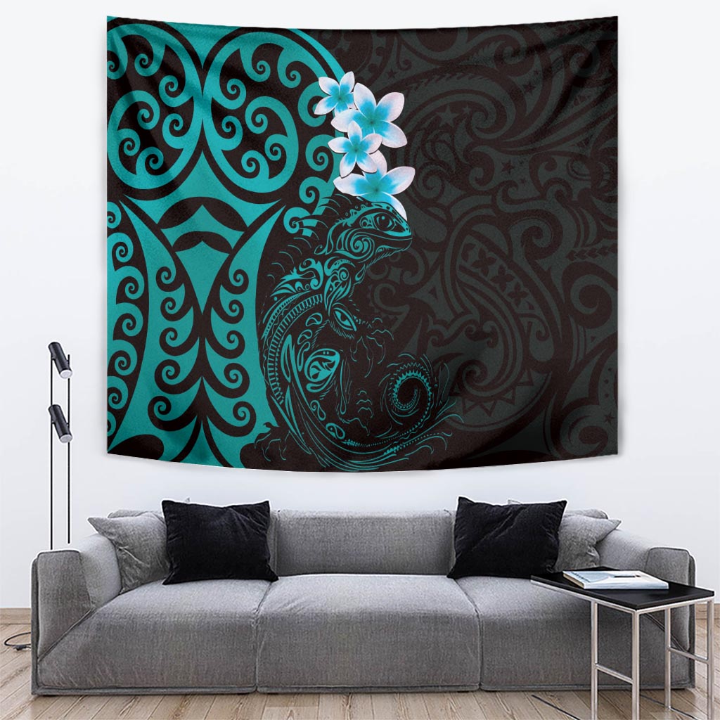 New Zealand Tuatara Plumeria Tapestry Maori Teal Koru Tribal Tattoo LT01 Teal - Polynesian Pride