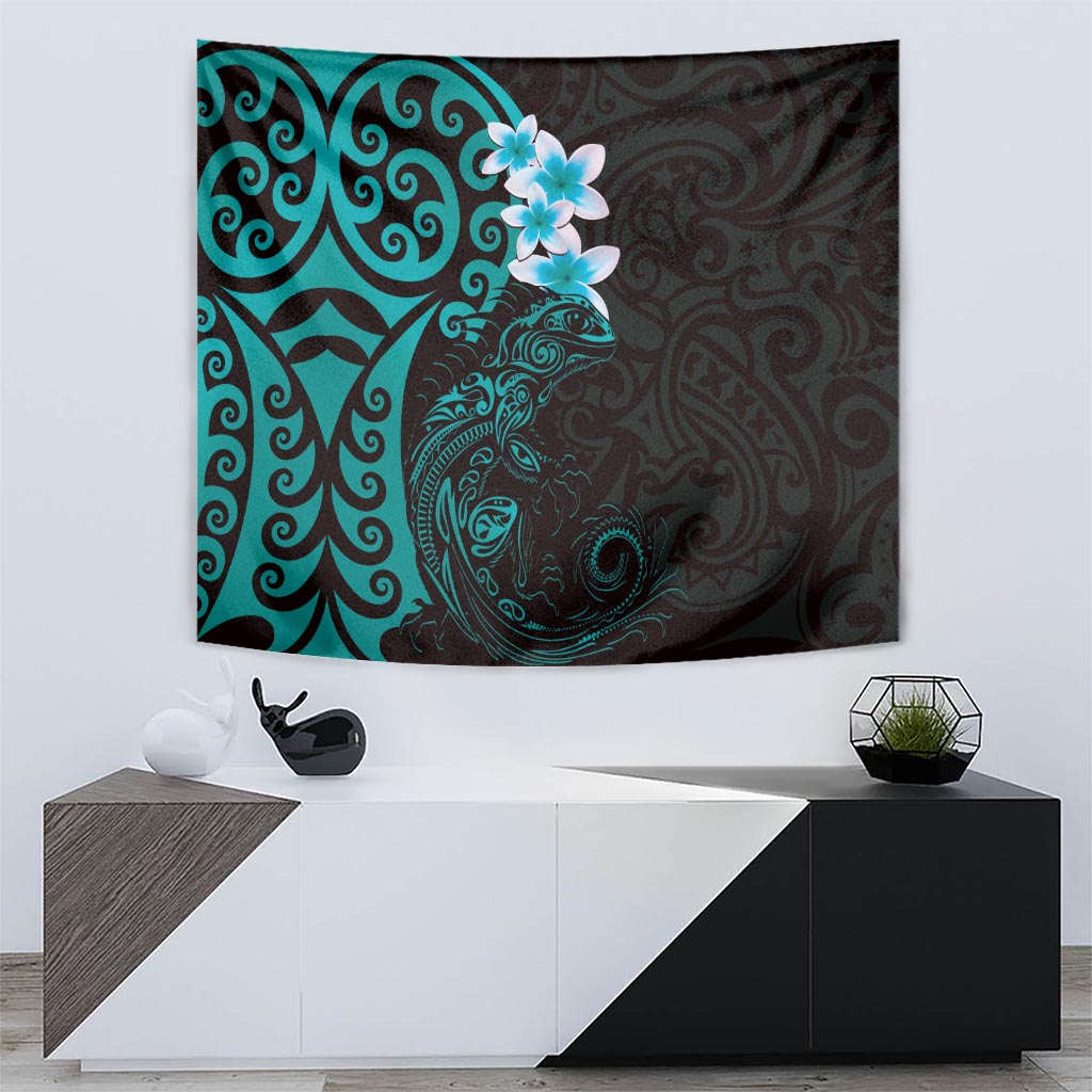 New Zealand Tuatara Plumeria Tapestry Maori Teal Koru Tribal Tattoo LT01 - Polynesian Pride