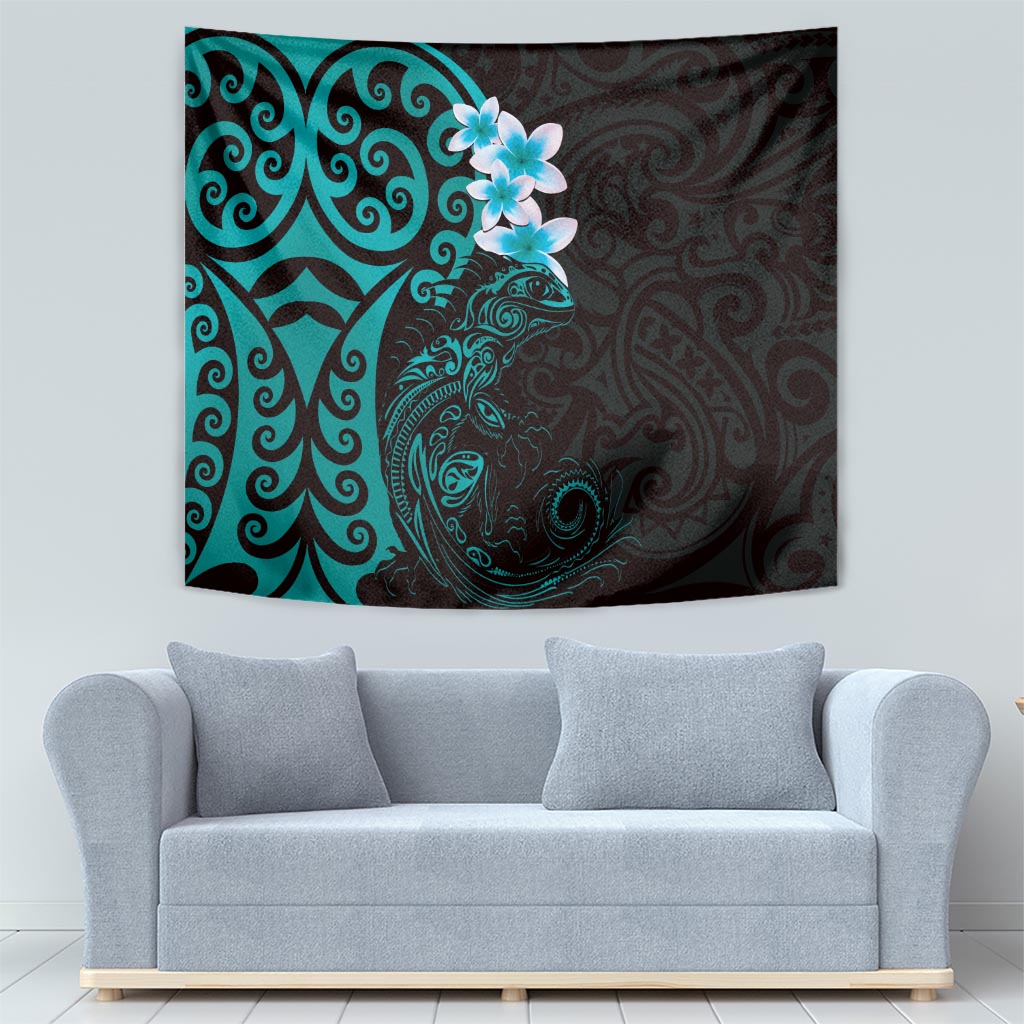 New Zealand Tuatara Plumeria Tapestry Maori Teal Koru Tribal Tattoo LT01 - Polynesian Pride
