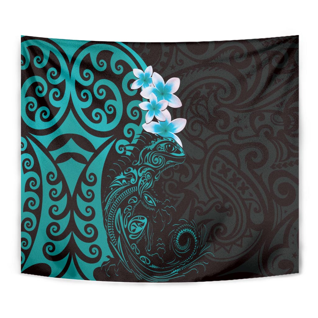New Zealand Tuatara Plumeria Tapestry Maori Teal Koru Tribal Tattoo LT01 - Polynesian Pride