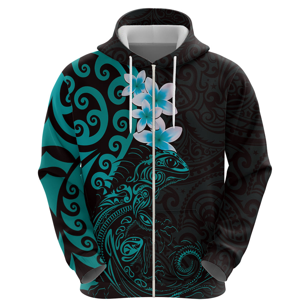 New Zealand Tuatara Plumeria Zip Hoodie Maori Teal Koru Tribal Tattoo
