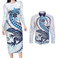 Blue Maori Tuatara Couples Matching Long Sleeve Bodycon Dress and Long Sleeve Button Shirt Luxury Pastel Pattern