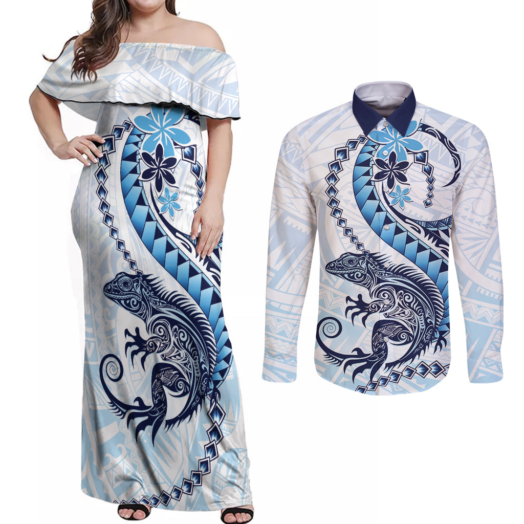 Blue Maori Tuatara Couples Matching Off Shoulder Maxi Dress and Long Sleeve Button Shirt Luxury Pastel Pattern