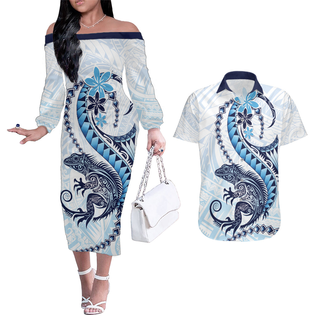 Blue Maori Tuatara Couples Matching Off The Shoulder Long Sleeve Dress and Hawaiian Shirt Luxury Pastel Pattern