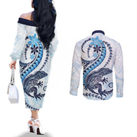 Blue Maori Tuatara Couples Matching Off The Shoulder Long Sleeve Dress and Long Sleeve Button Shirt Luxury Pastel Pattern