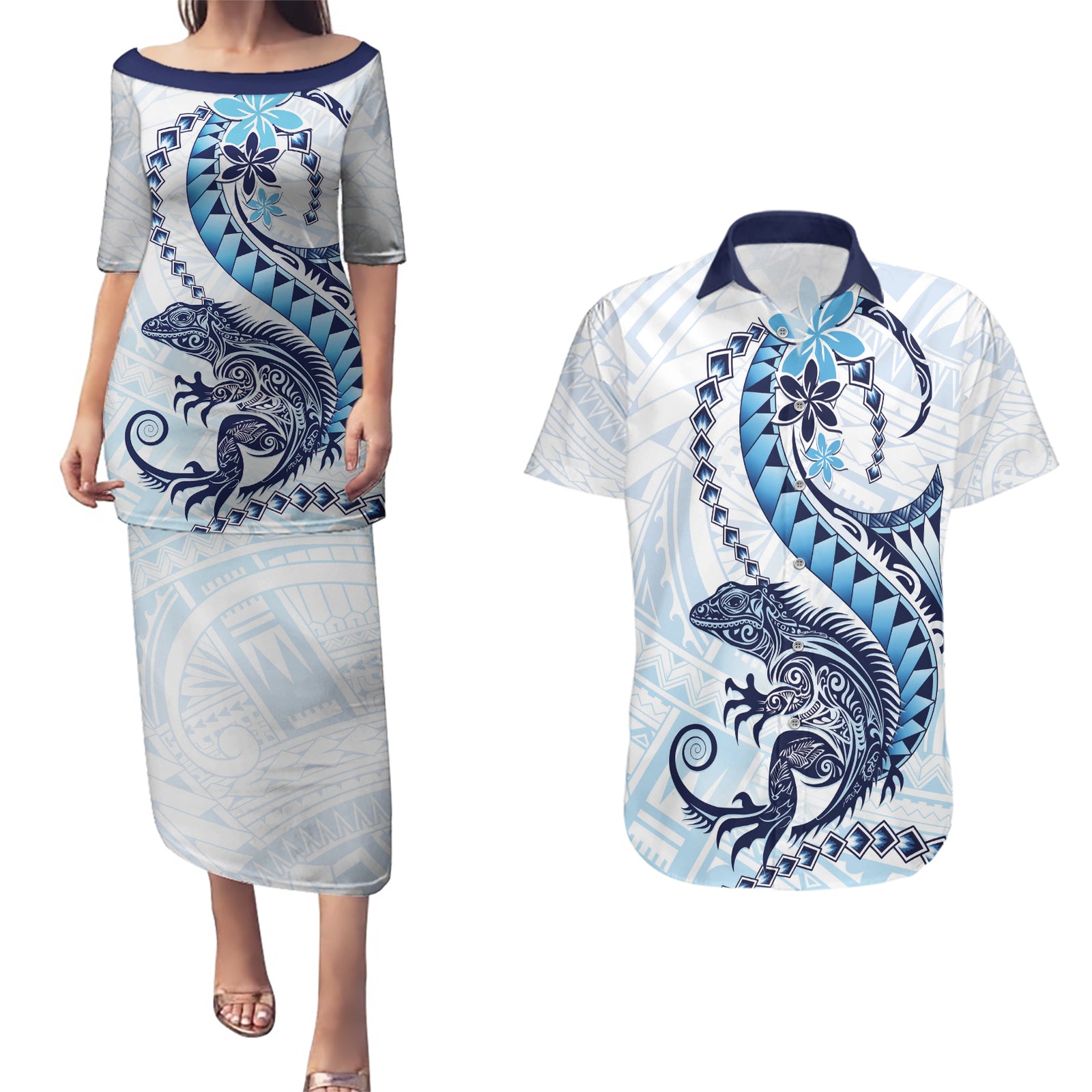 Blue Maori Tuatara Couples Matching Puletasi and Hawaiian Shirt Luxury Pastel Pattern LT01 Blue - Polynesian Pride