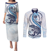 Blue Maori Tuatara Couples Matching Puletasi and Long Sleeve Button Shirt Luxury Pastel Pattern