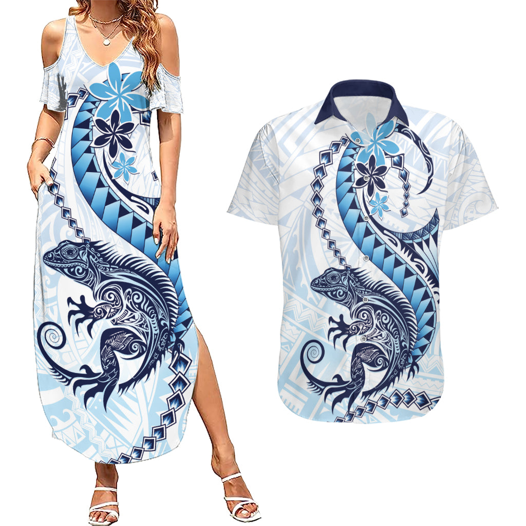 Blue Maori Tuatara Couples Matching Summer Maxi Dress and Hawaiian Shirt Luxury Pastel Pattern