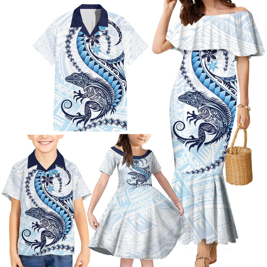 Blue Maori Tuatara Family Matching Mermaid Dress and Hawaiian Shirt Luxury Pastel Pattern