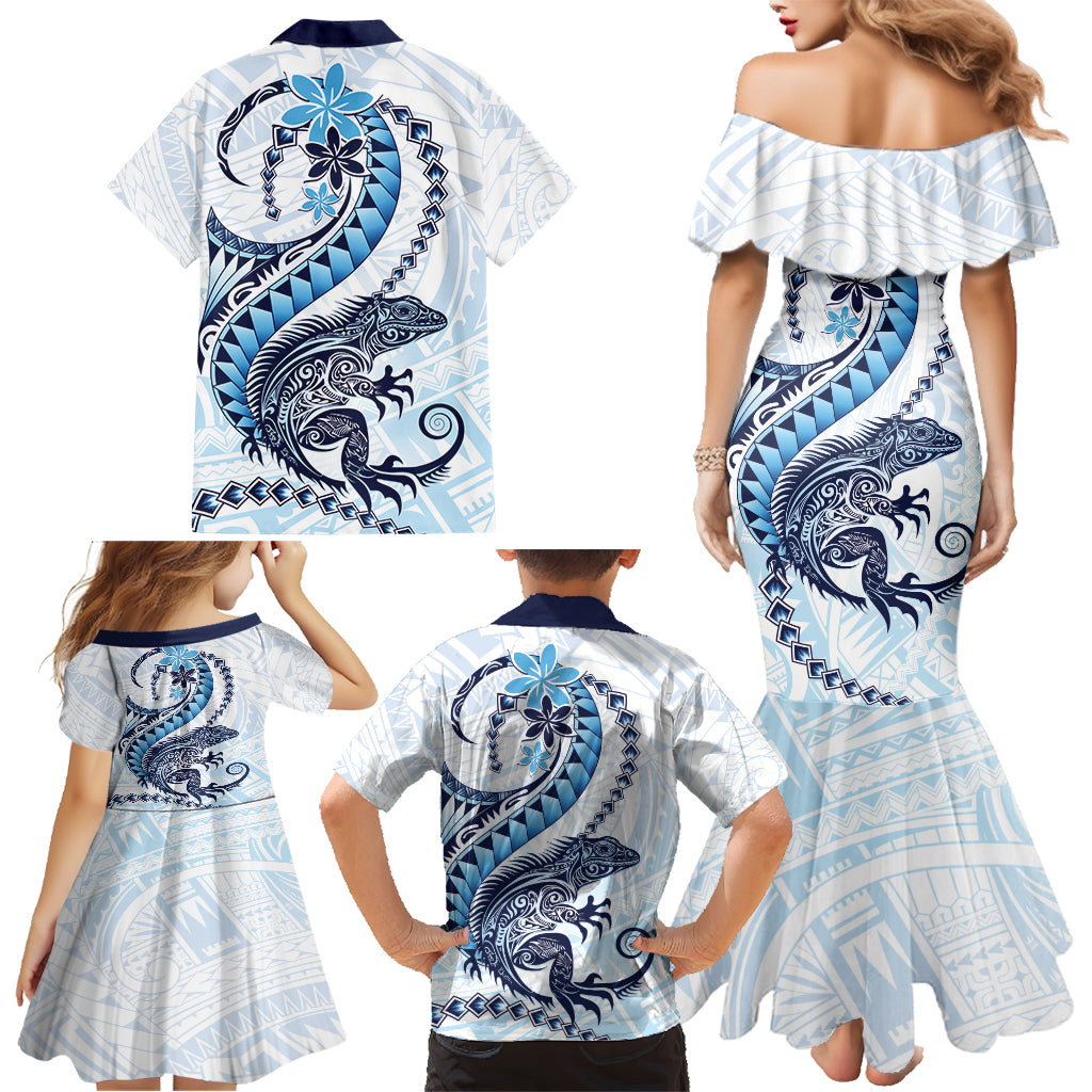 Blue Maori Tuatara Family Matching Mermaid Dress and Hawaiian Shirt Luxury Pastel Pattern