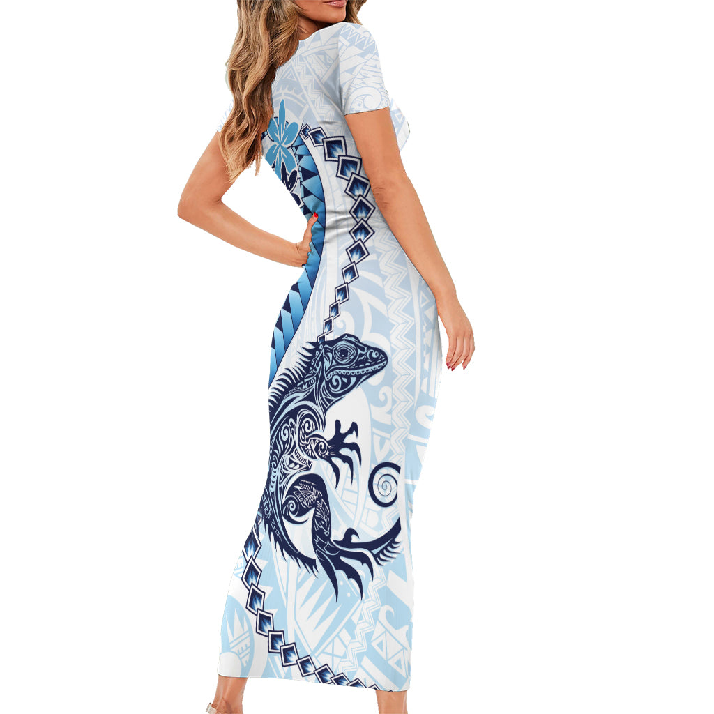 Blue Maori Tuatara Family Matching Short Sleeve Bodycon Dress and Hawaiian Shirt Luxury Pastel Pattern