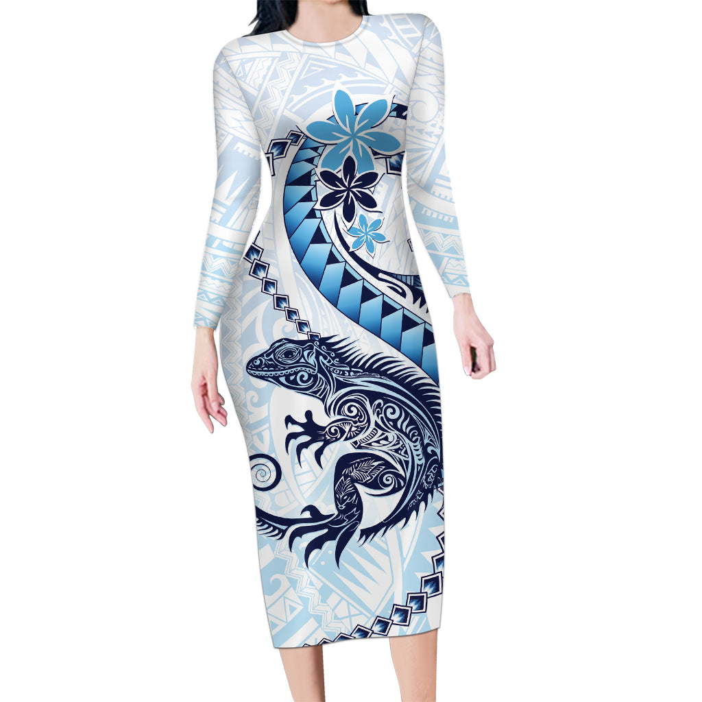 Blue Maori Tuatara Long Sleeve Bodycon Dress Luxury Pastel Pattern