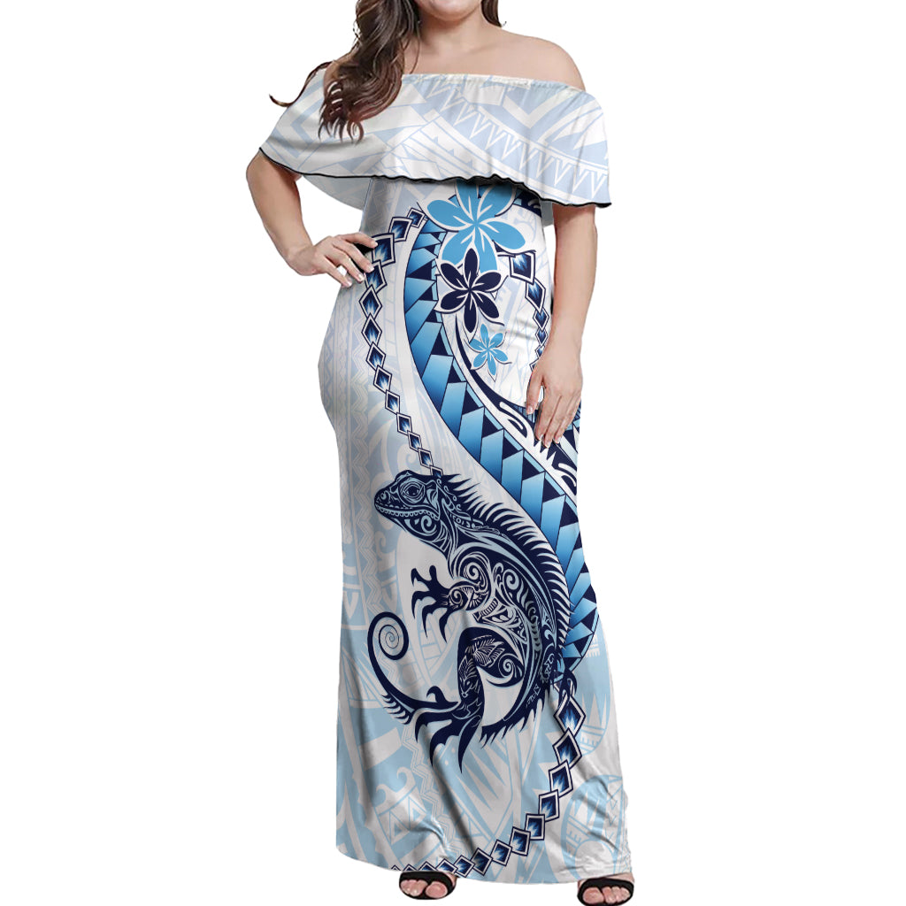 Blue Maori Tuatara Off Shoulder Maxi Dress Luxury Pastel Pattern