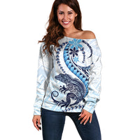 Blue Maori Tuatara Off Shoulder Sweater Luxury Pastel Pattern