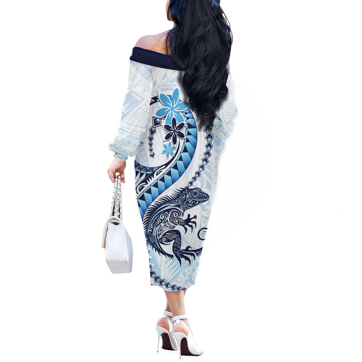 Blue Maori Tuatara Off The Shoulder Long Sleeve Dress Luxury Pastel Pattern