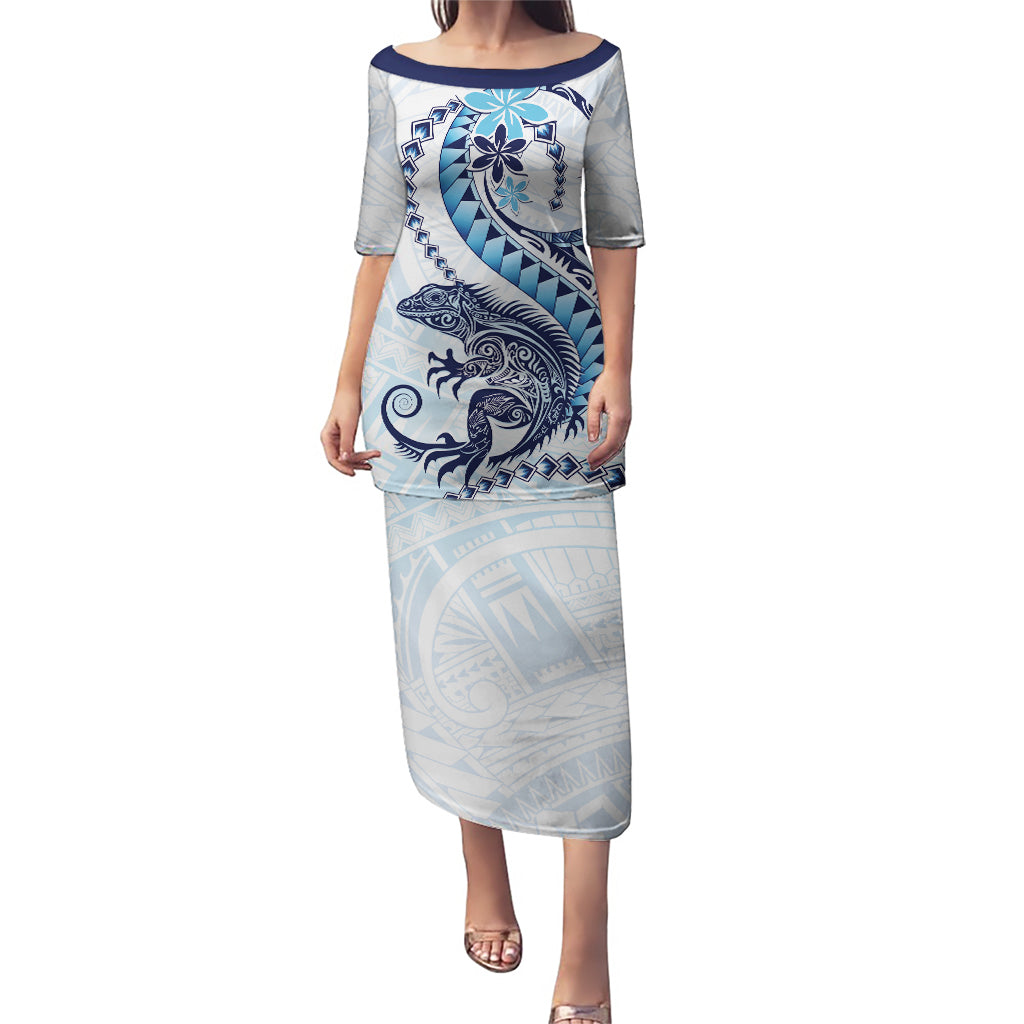 Blue Maori Tuatara Puletasi Luxury Pastel Pattern