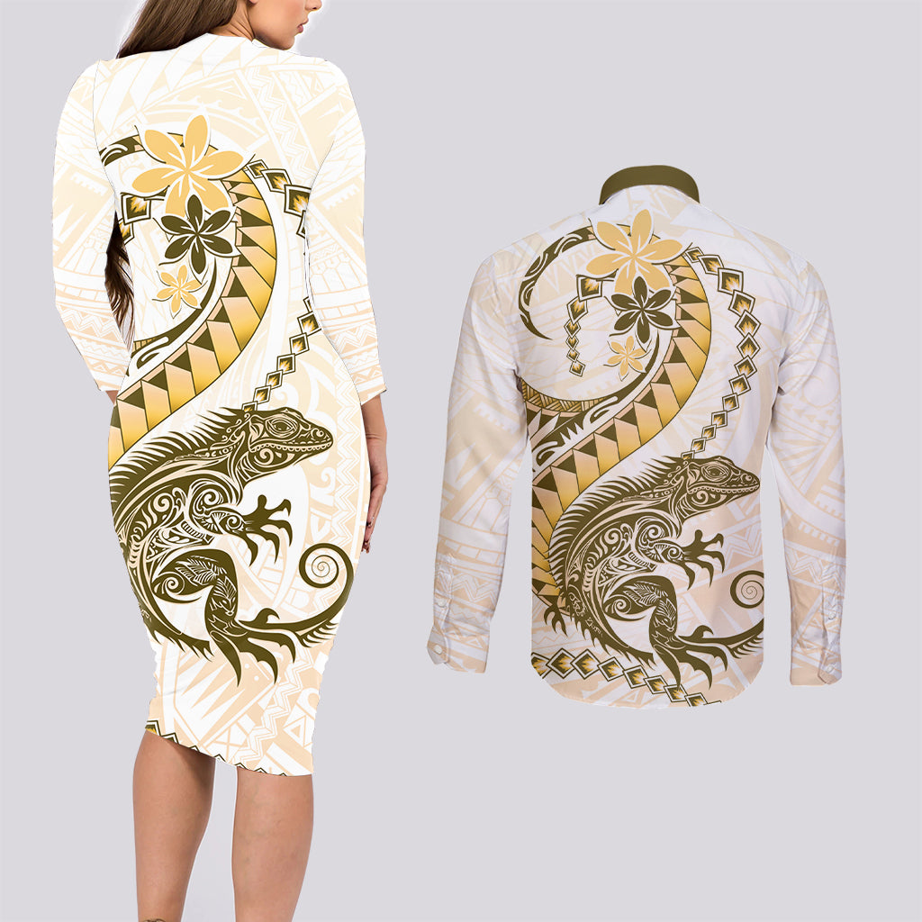Gold Maori Tuatara Couples Matching Long Sleeve Bodycon Dress and Long Sleeve Button Shirt Luxury Pastel Pattern