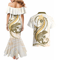 Gold Maori Tuatara Couples Matching Mermaid Dress and Hawaiian Shirt Luxury Pastel Pattern
