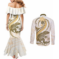 Gold Maori Tuatara Couples Matching Mermaid Dress and Long Sleeve Button Shirt Luxury Pastel Pattern