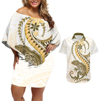 Gold Maori Tuatara Couples Matching Off Shoulder Short Dress and Hawaiian Shirt Luxury Pastel Pattern