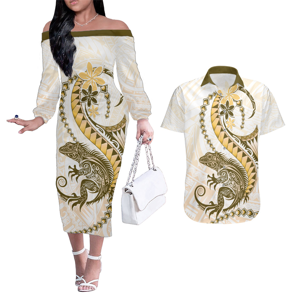Gold Maori Tuatara Couples Matching Off The Shoulder Long Sleeve Dress and Hawaiian Shirt Luxury Pastel Pattern