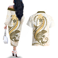 Gold Maori Tuatara Couples Matching Off The Shoulder Long Sleeve Dress and Hawaiian Shirt Luxury Pastel Pattern